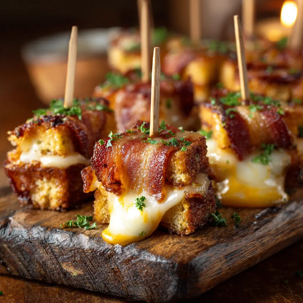 A bacon wrapped grilled cheese being cooked in a skillet to a golden perfection.