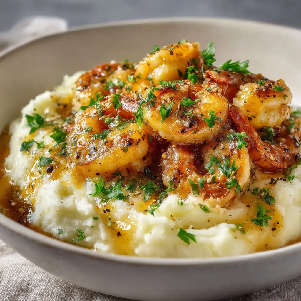 A pan of shrimp in cream sauce being cooked on a stovetop, with steam rising and fresh parsley being sprinkled on top.