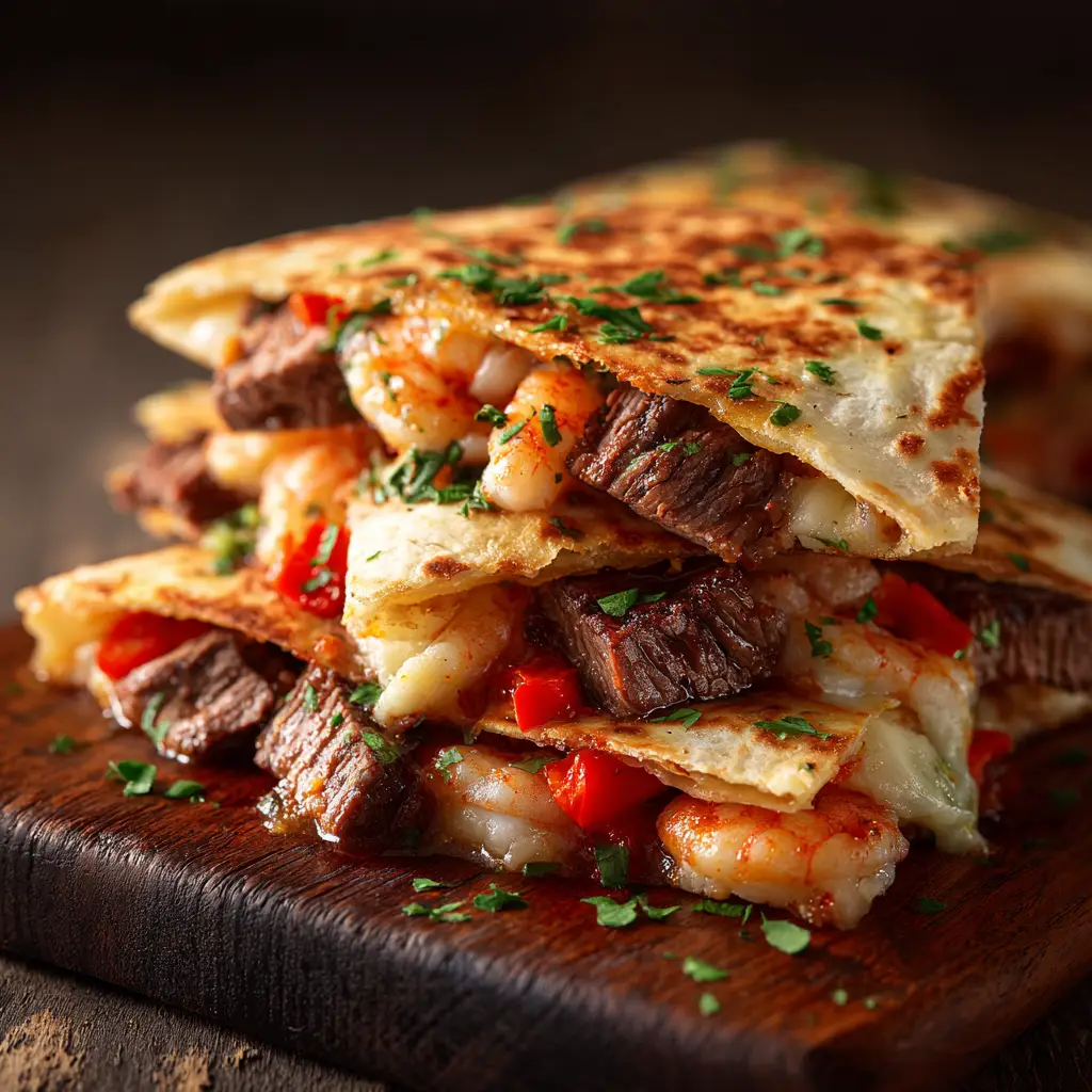 A golden-brown toasted quesadilla being cooked in a cast-iron skillet, showing the crispy tortilla texture.