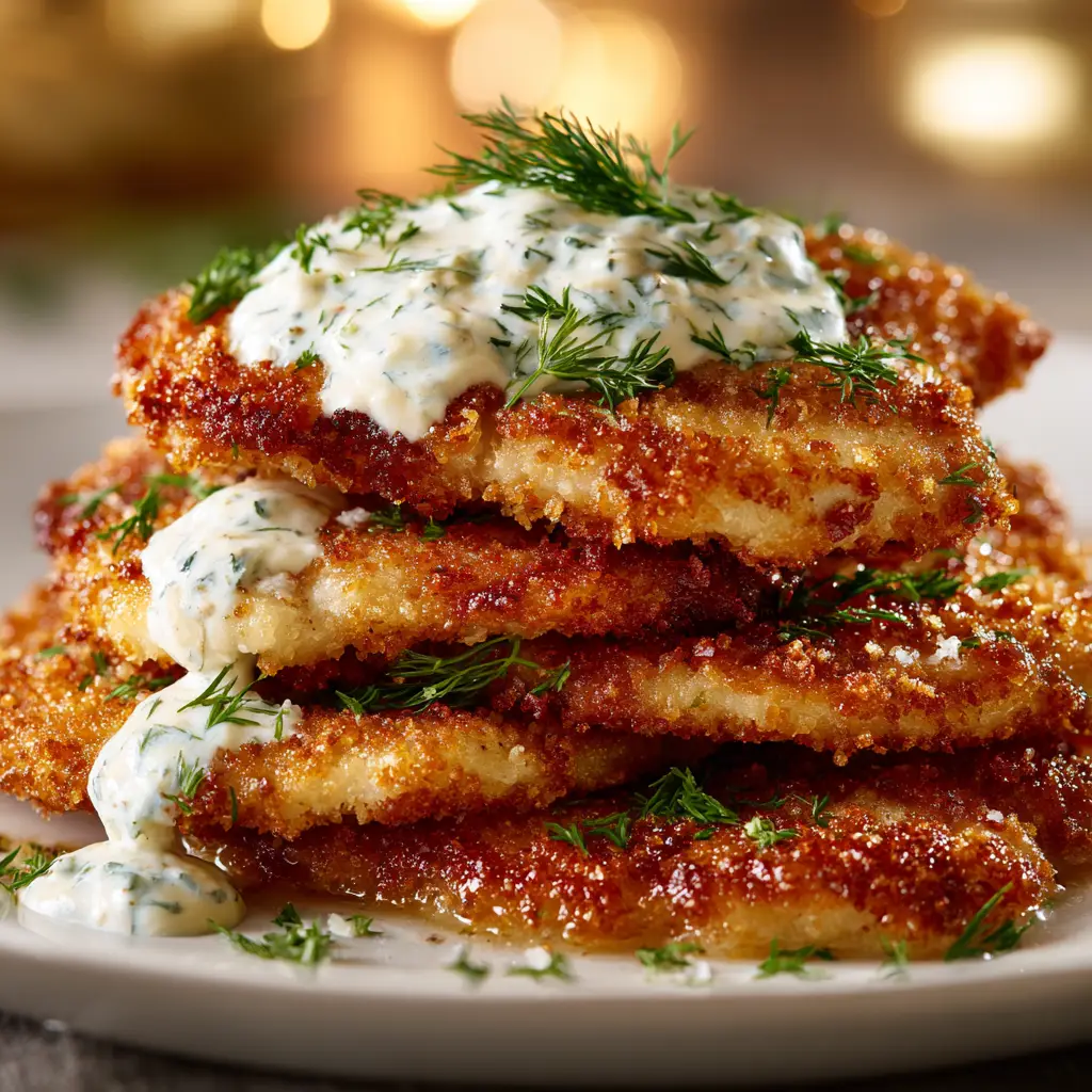 A skillet with two pieces of crispy dill pickle parmesan chicken cooking to a perfect golden brown.