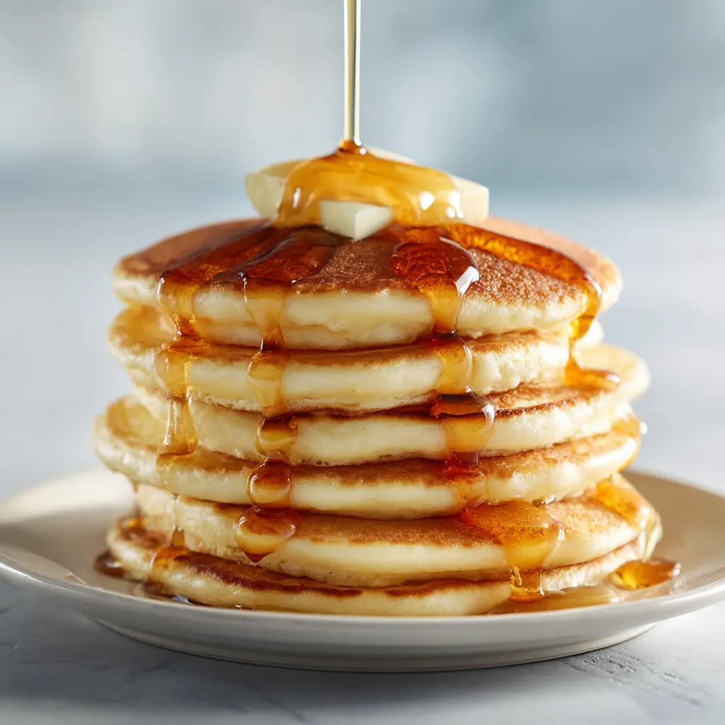 Pancake batter being poured onto a hot griddle, with bubbles starting to form on the surface.