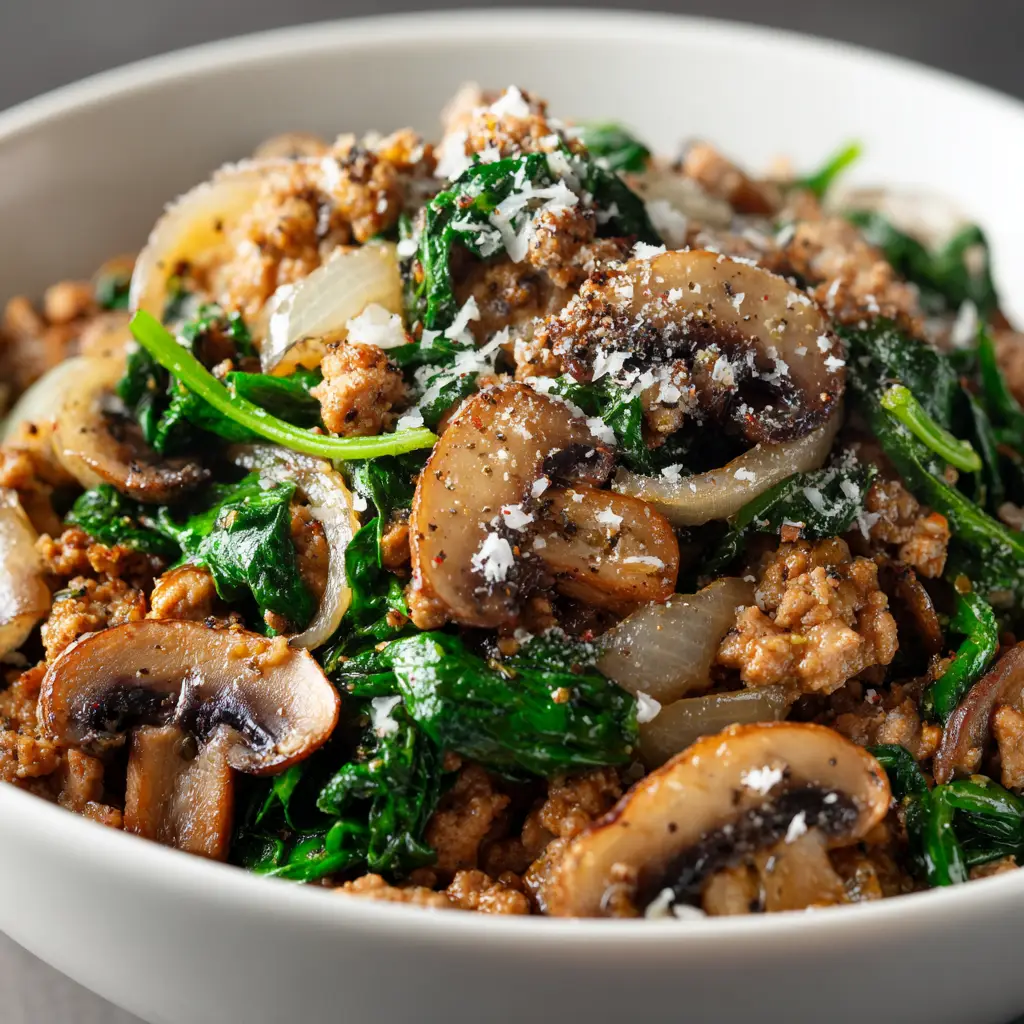 The complete turkey spinach mushroom skillet being cooked in a large pan, showing the final step of combining all the ingredients for this easy weeknight dinner.