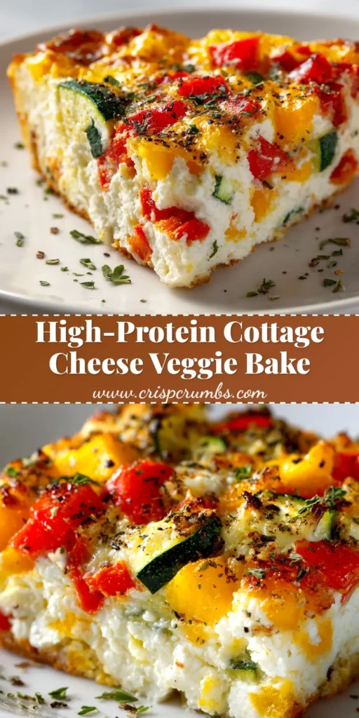 A golden-brown baked Cottage Cheese and Veggie Bake in a white casserole dish, with text overlay for Pinterest.