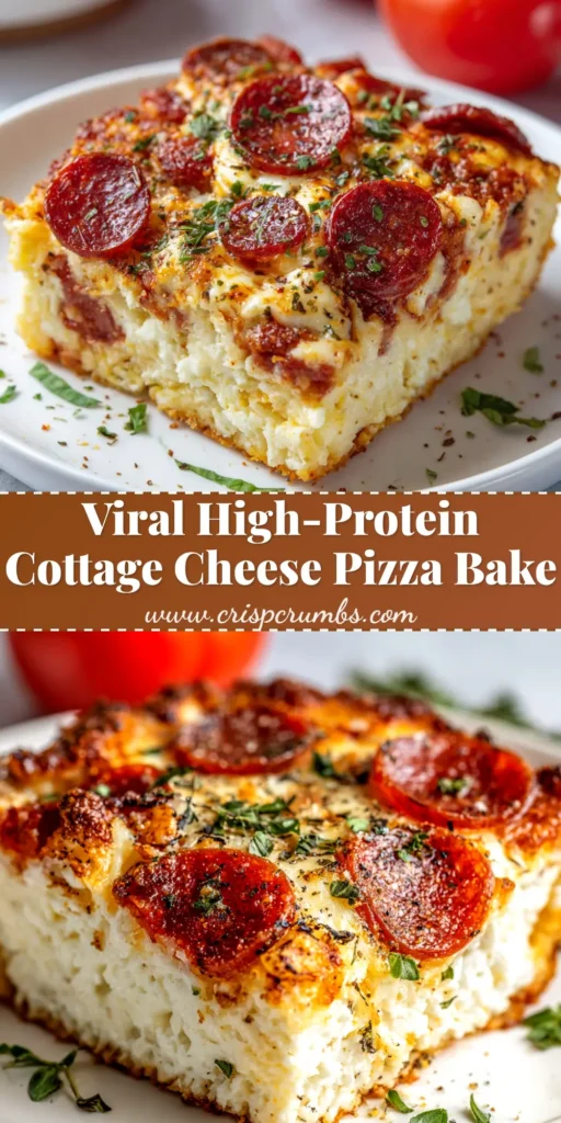 A square slice of Cottage Cheese Pizza Bake on a white plate, showing layers of cheesy goodness and pepperoni. This high-protein pizza bake is a perfect healthy dinner.