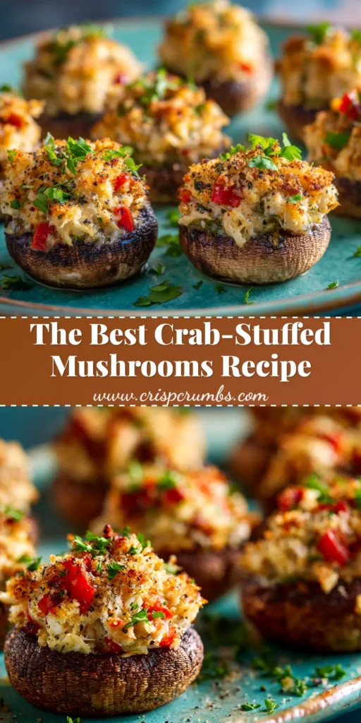 A platter of golden-brown crab-stuffed mushrooms, ready to be served as a delicious party appetizer. The filling is bubbly and the tops are perfectly toasted.