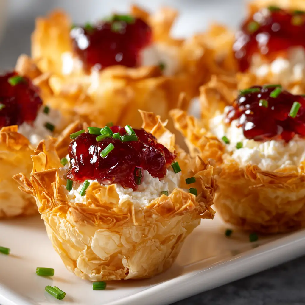 A side view of a finished cranberry pepper jelly appetizer, showing the layers of phyllo, cream cheese, and jelly.