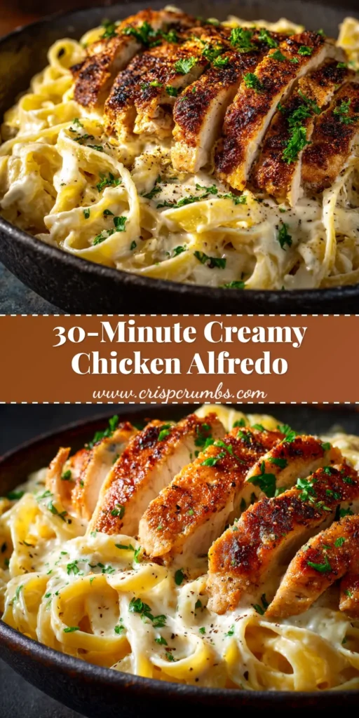 An overhead shot of the best Chicken Alfredo Recipe in a white bowl, showing creamy sauce, sliced chicken, and a garnish of parsley. The title 'Creamy Chicken Alfredo' is written on the image.