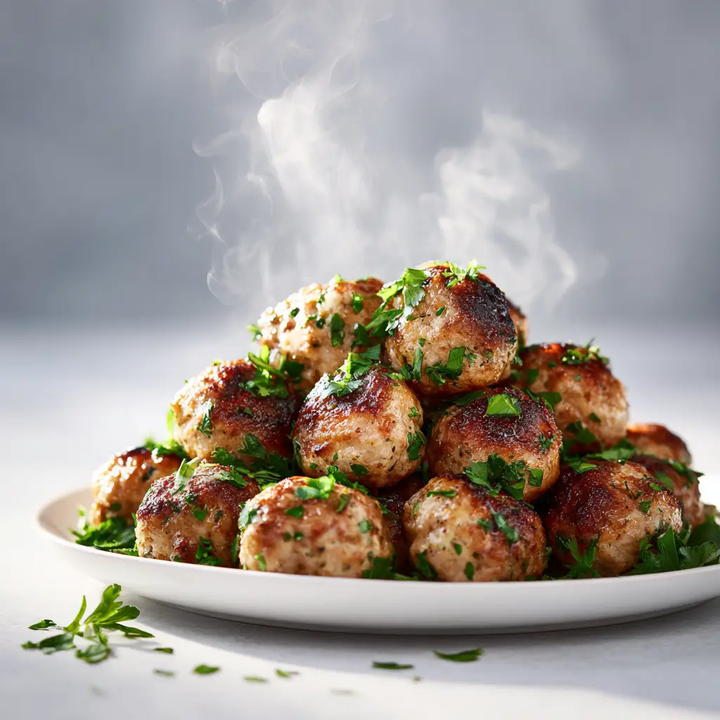A skillet showing creamy garlic parmesan chicken meatballs being gently tossed in the savory white sauce, garnished with herbs.