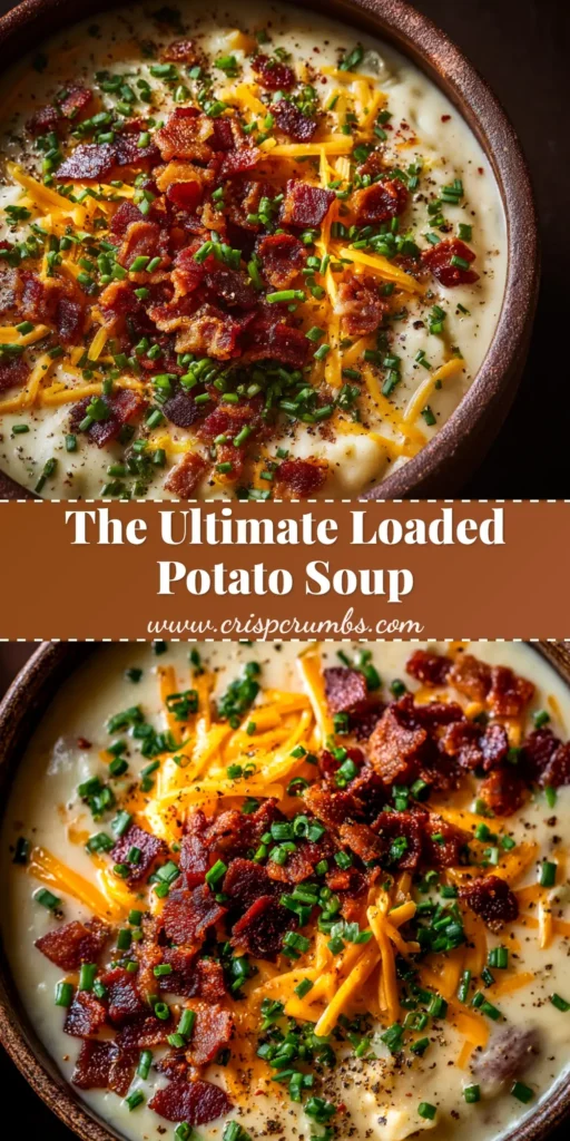 A cozy bowl of creamy loaded potato soup topped with shredded cheddar cheese, crispy bacon, and fresh chives. A spoon is resting in the bowl, ready to eat.