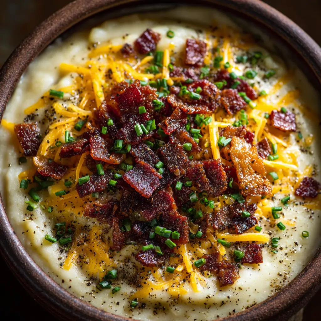 An extreme close-up overhead shot of thick and creamy potato soup in a rustic bowl. The soup is garnished with bacon bits, chives, and melted cheese, emphasizing its rich texture.
