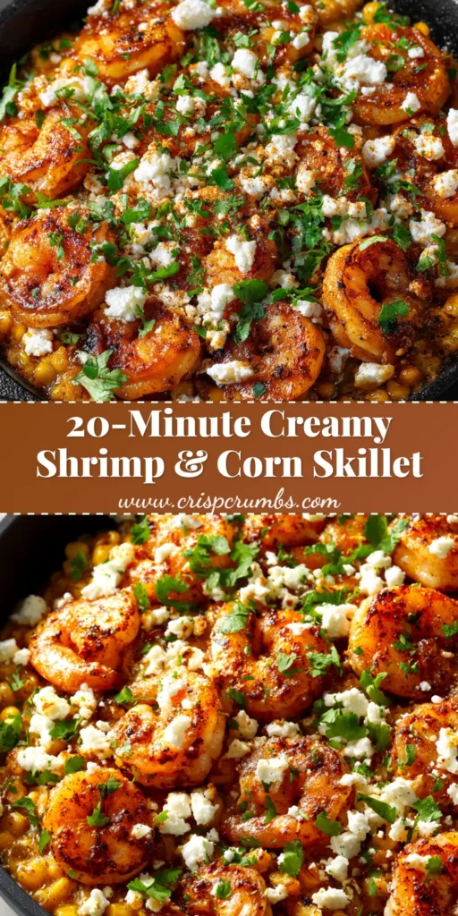 A top-down shot of a skillet with a creamy shrimp and corn recipe, garnished with fresh parsley. The perfect quick and easy weeknight dinner idea.