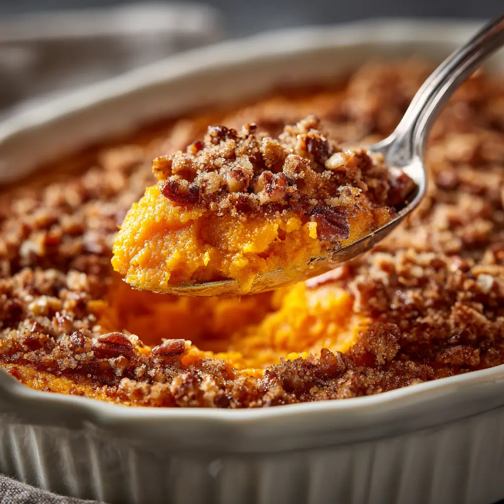 An extreme close-up of the creamy sweet potato souffle, highlighting the smooth, vibrant orange texture of the souffle base before baking.