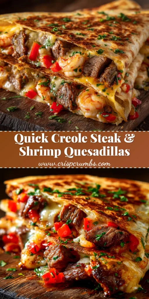 A platter of freshly made Creole Steak and Shrimp Quesadillas, sliced in half to show the cheesy, meaty filling. Served with a side of sour cream and guacamole.