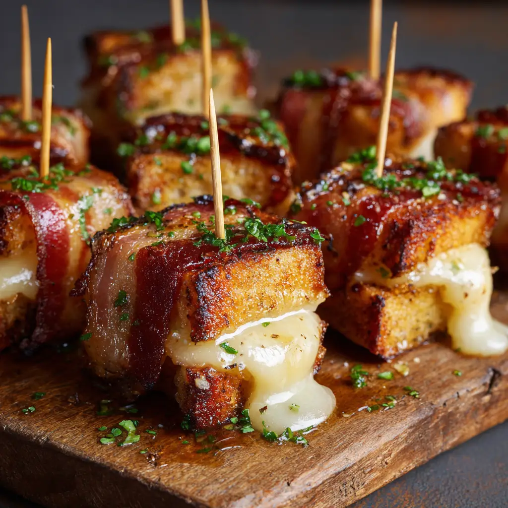 A close-up shot of a golden-brown grilled cheese with a bacon weave, showcasing the crispy texture.