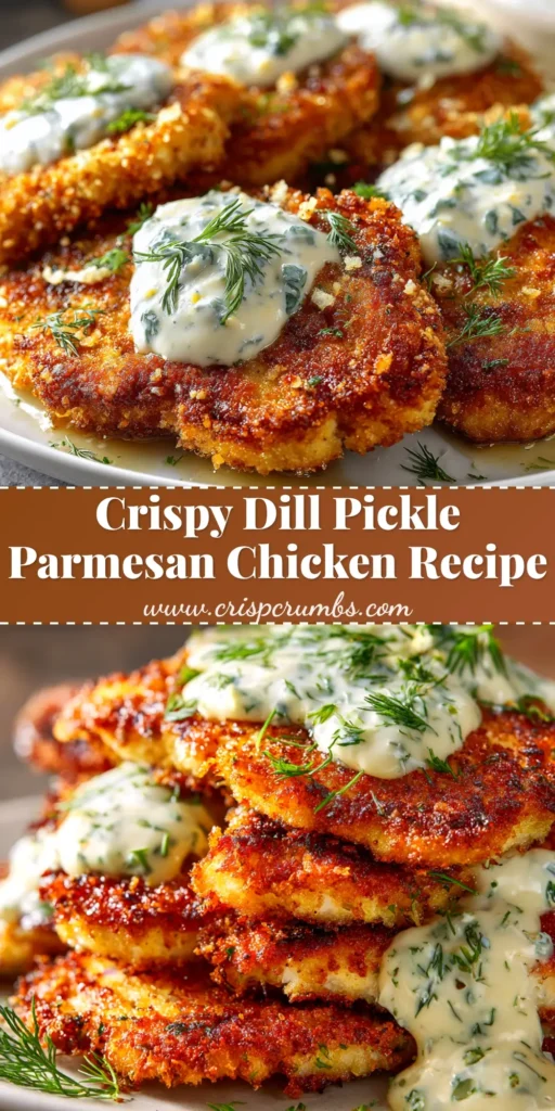 A plate of crispy dill pickle parmesan chicken, golden brown and perfectly cooked, with a text overlay for Pinterest.