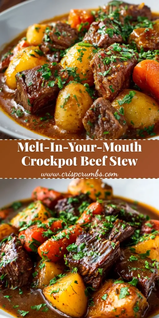 A delicious bowl of Crockpot Beef Stew, with tender chunks of beef, carrots, and potatoes in a rich gravy, garnished with fresh parsley.