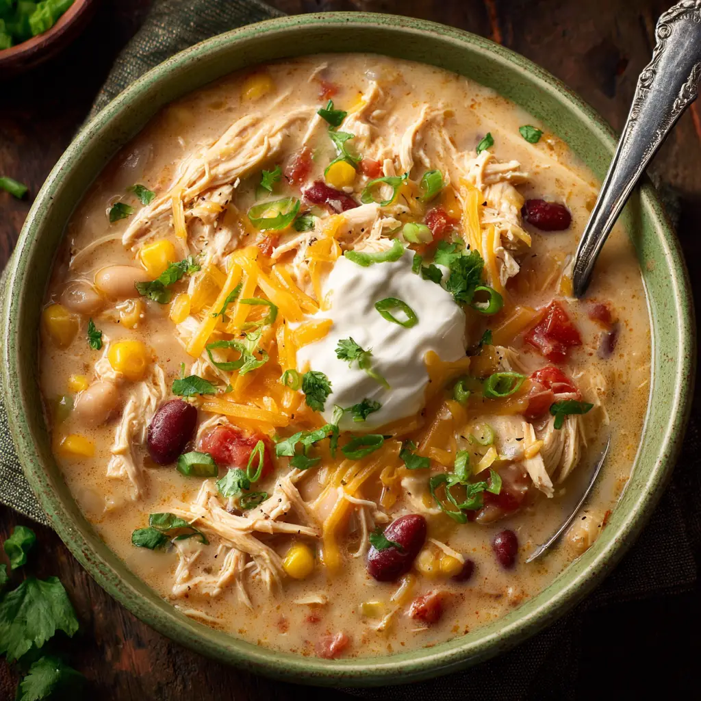 A close-up shot of the Crockpot Cream Cheese Chicken Chili ingredients layered in the slow cooker before cooking.