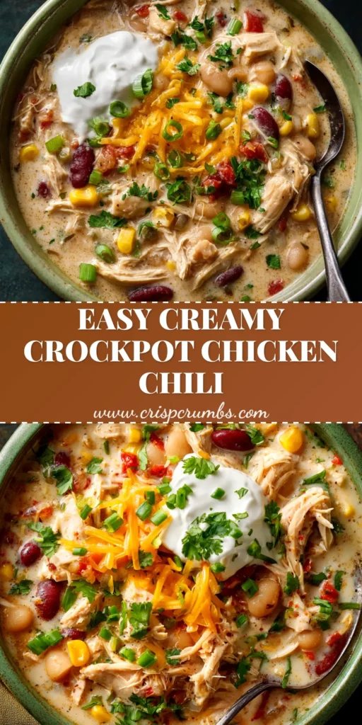 A bowl of creamy Crockpot Cream Cheese Chicken Chili topped with fresh cilantro and shredded cheese, with a spoon ready to eat.