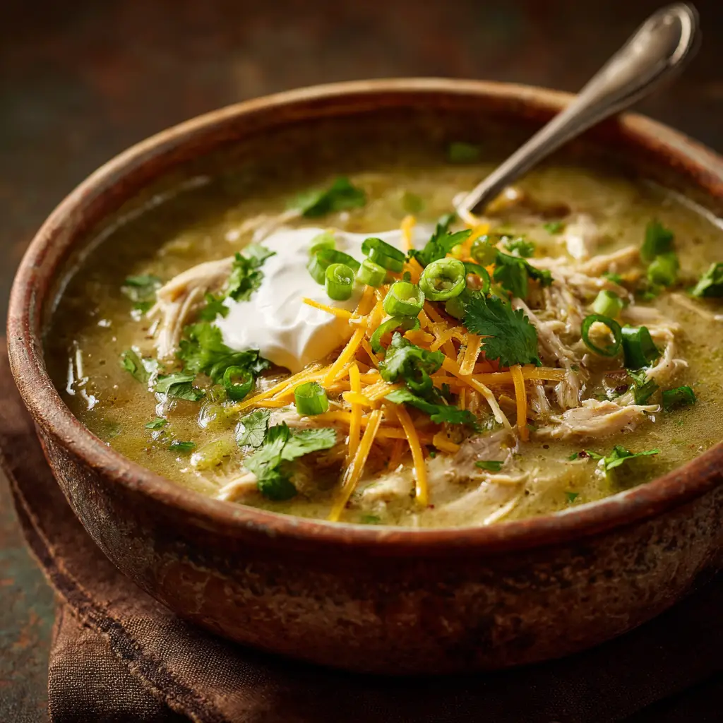 A beautiful bowl of Crockpot green chile chicken soup garnished with fresh toppings.