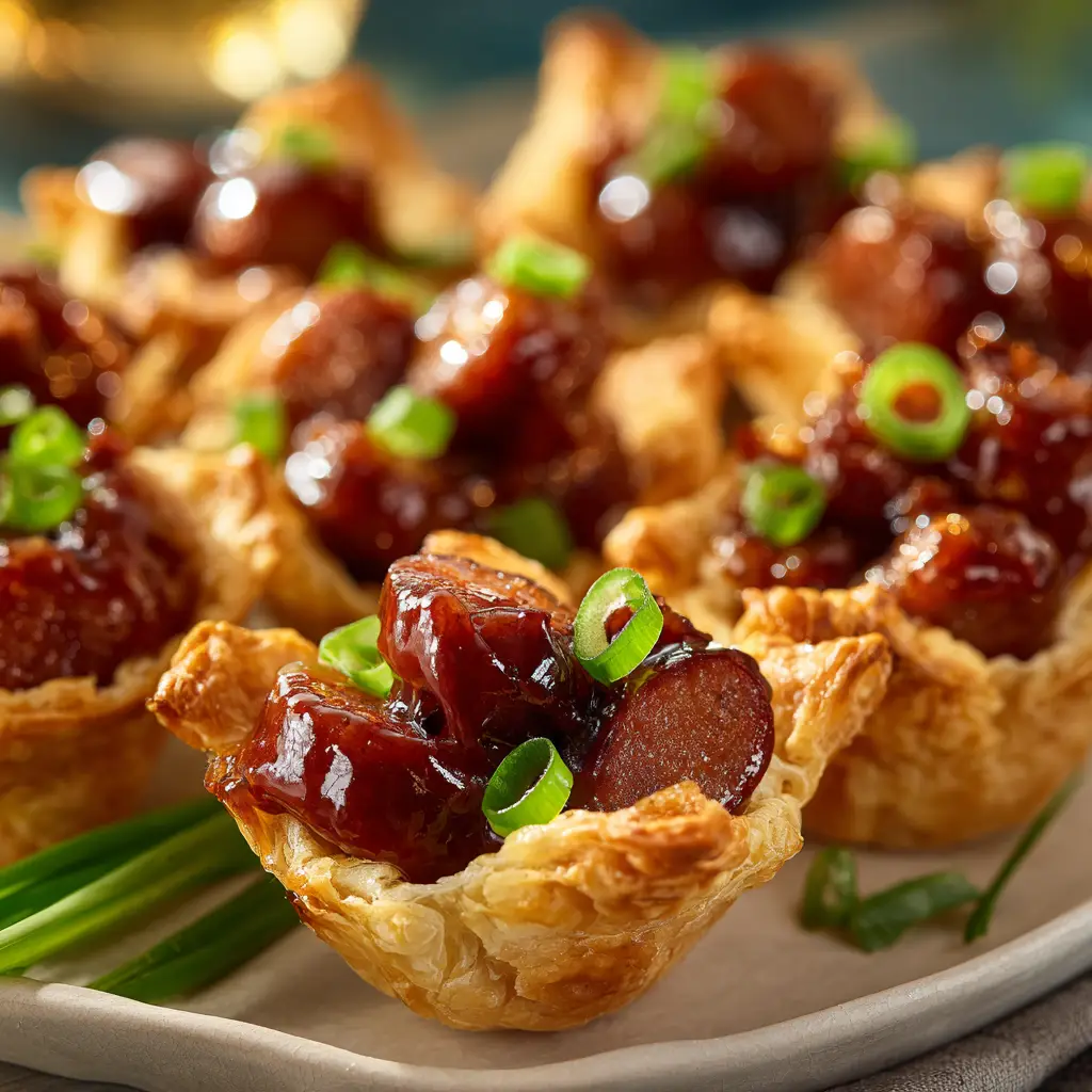 A spoonful of crockpot little smokies with honey garlic sauce being lifted from a serving dish, ready to be eaten.