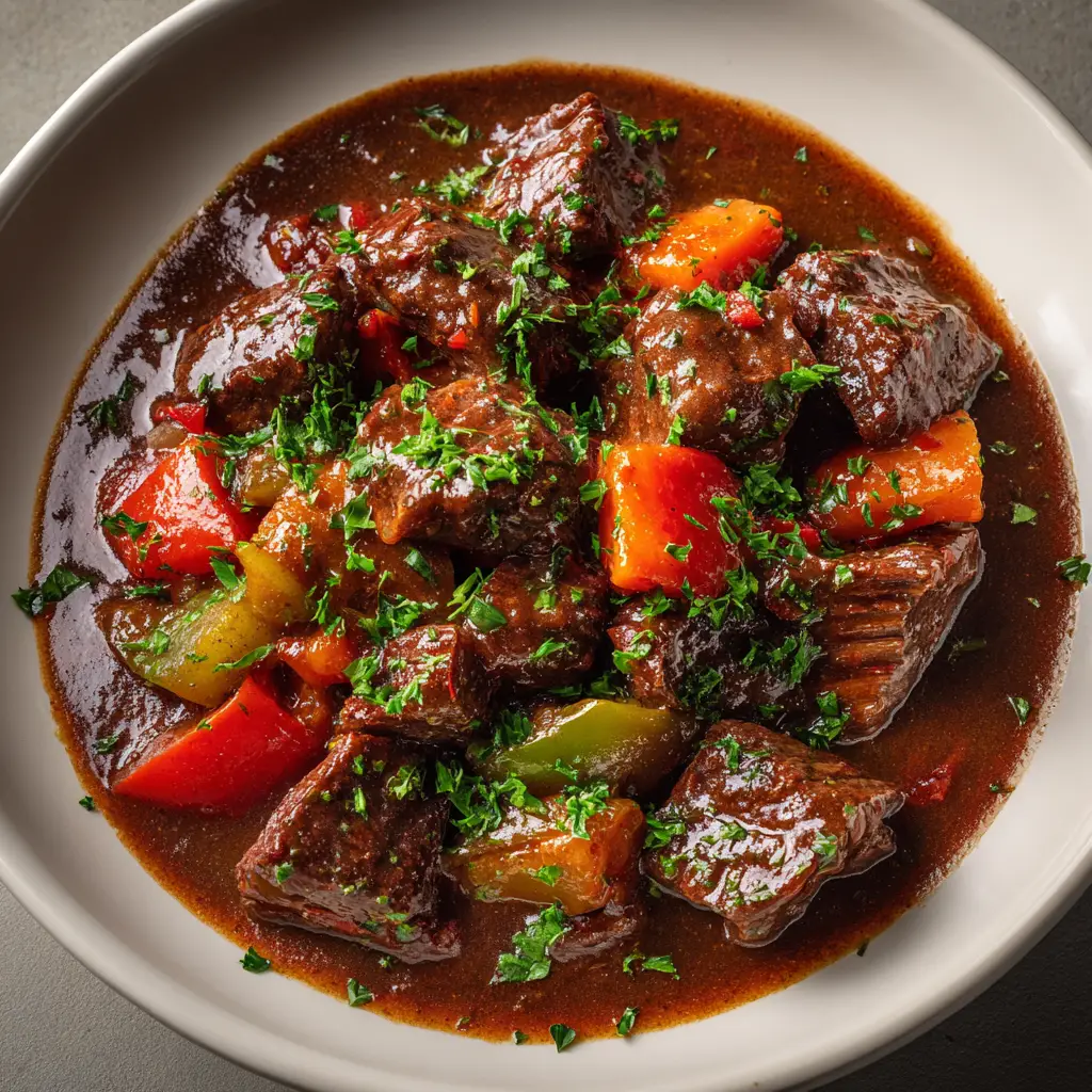 An overhead shot of savory crockpot pepper steak in a white bowl. The tender beef strips are mixed with red and green bell peppers in a dark, savory sauce.