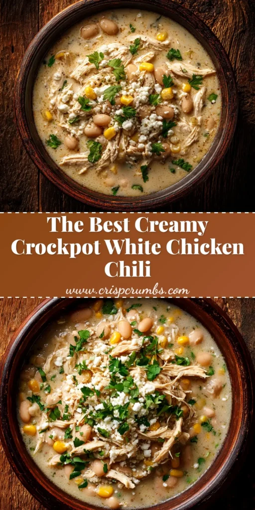 A bowl of creamy crockpot white chicken chili topped with fresh cilantro, avocado, and a lime wedge, ready to be served.