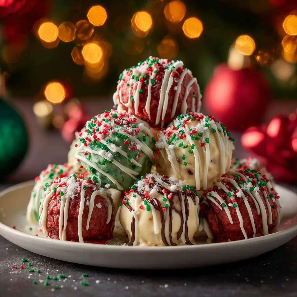 The process of decorating the festive dessert bites with red and green Christmas sprinkles after dipping them in white chocolate.