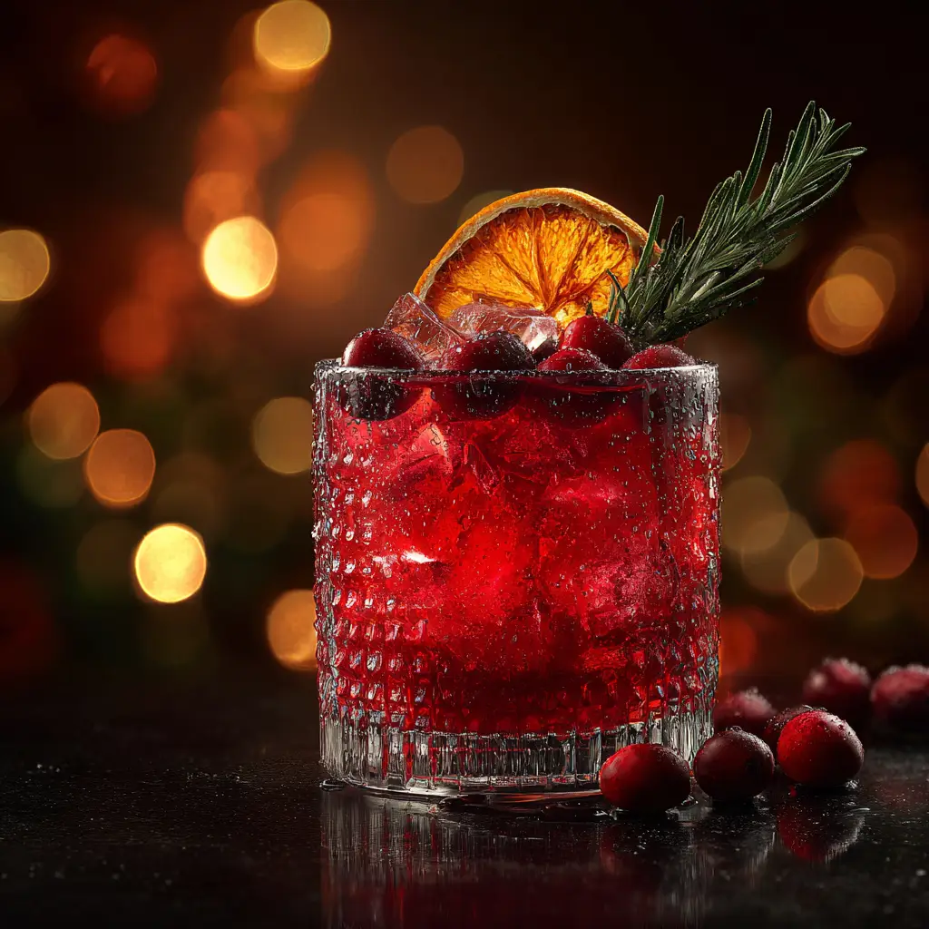 Two sparkling Christmas gin cocktails side-by-side, showcasing their bright red color and festive garnishes against a cozy, softly lit background.