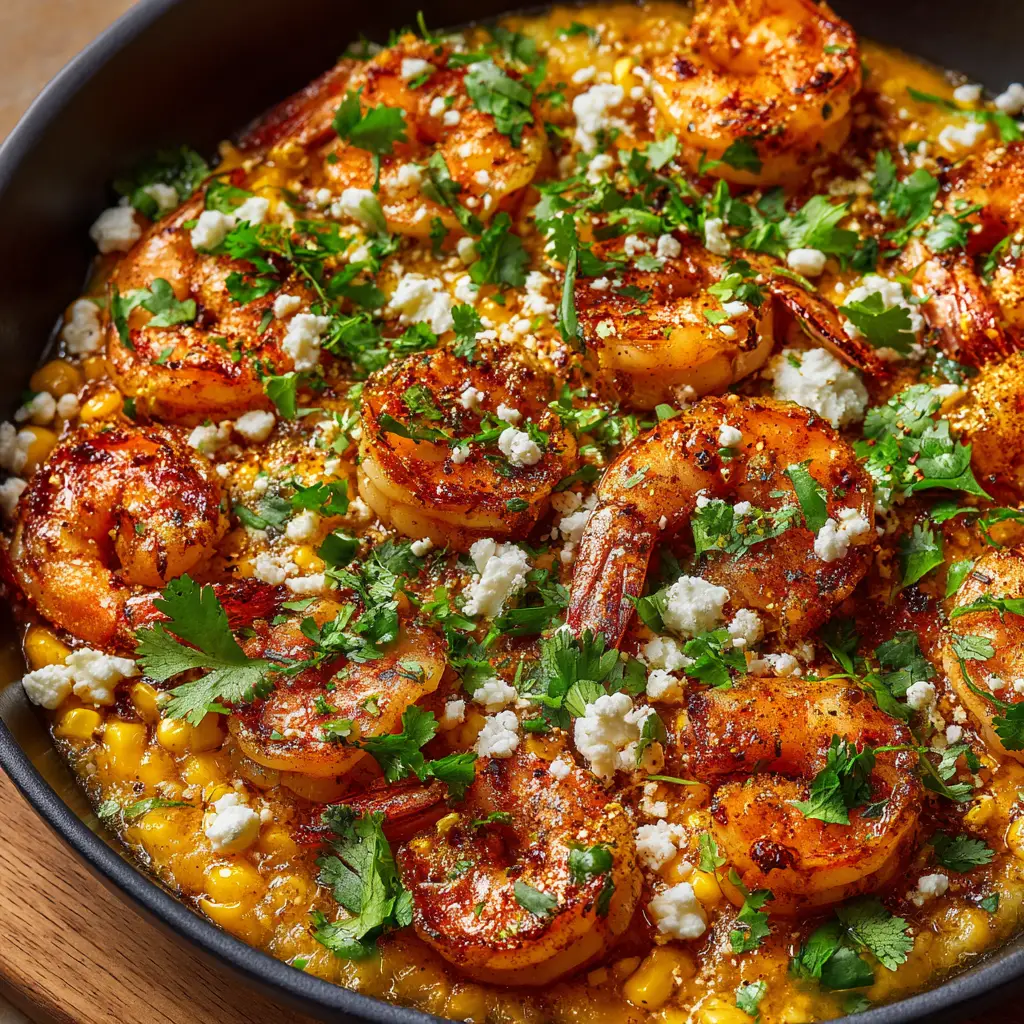A spoonful of the creamy shrimp and corn being lifted from a black skillet, showing the tender shrimp and sweet corn.