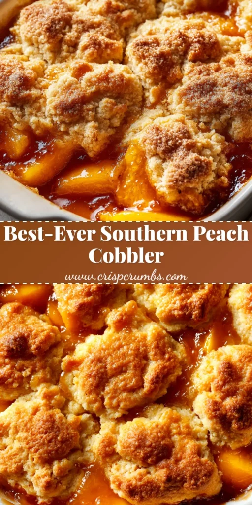 A delicious and easy homemade peach cobbler recipe in a rustic baking dish, topped with a scoop of vanilla ice cream. The perfect summer dessert.