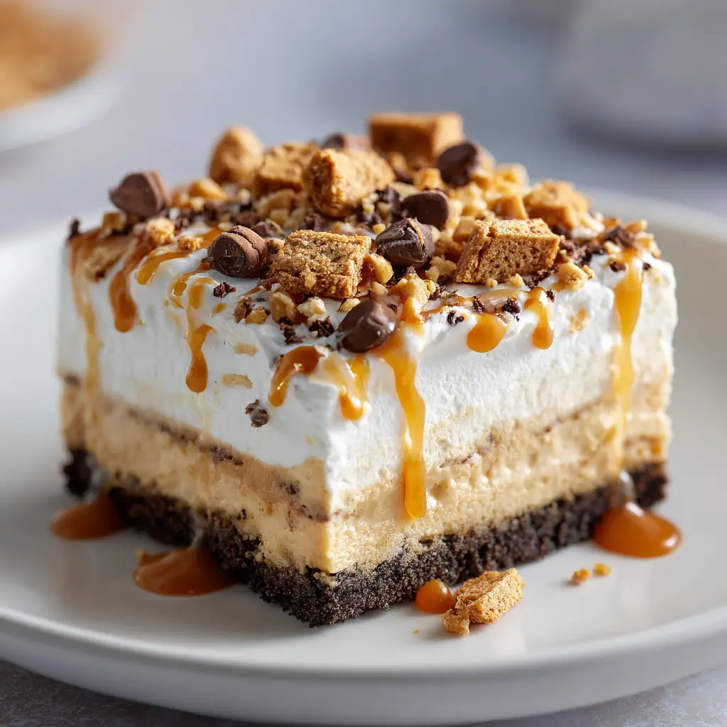 A fork cutting into a slice of no-bake peanut butter pie, with whipped cream on top.