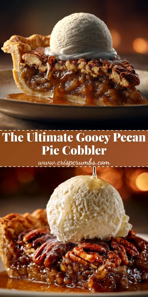 A warm slice of pecan pie cobbler on a white plate, showcasing the gooey pecan filling under a golden cake topping. A scoop of vanilla ice cream melts on top.