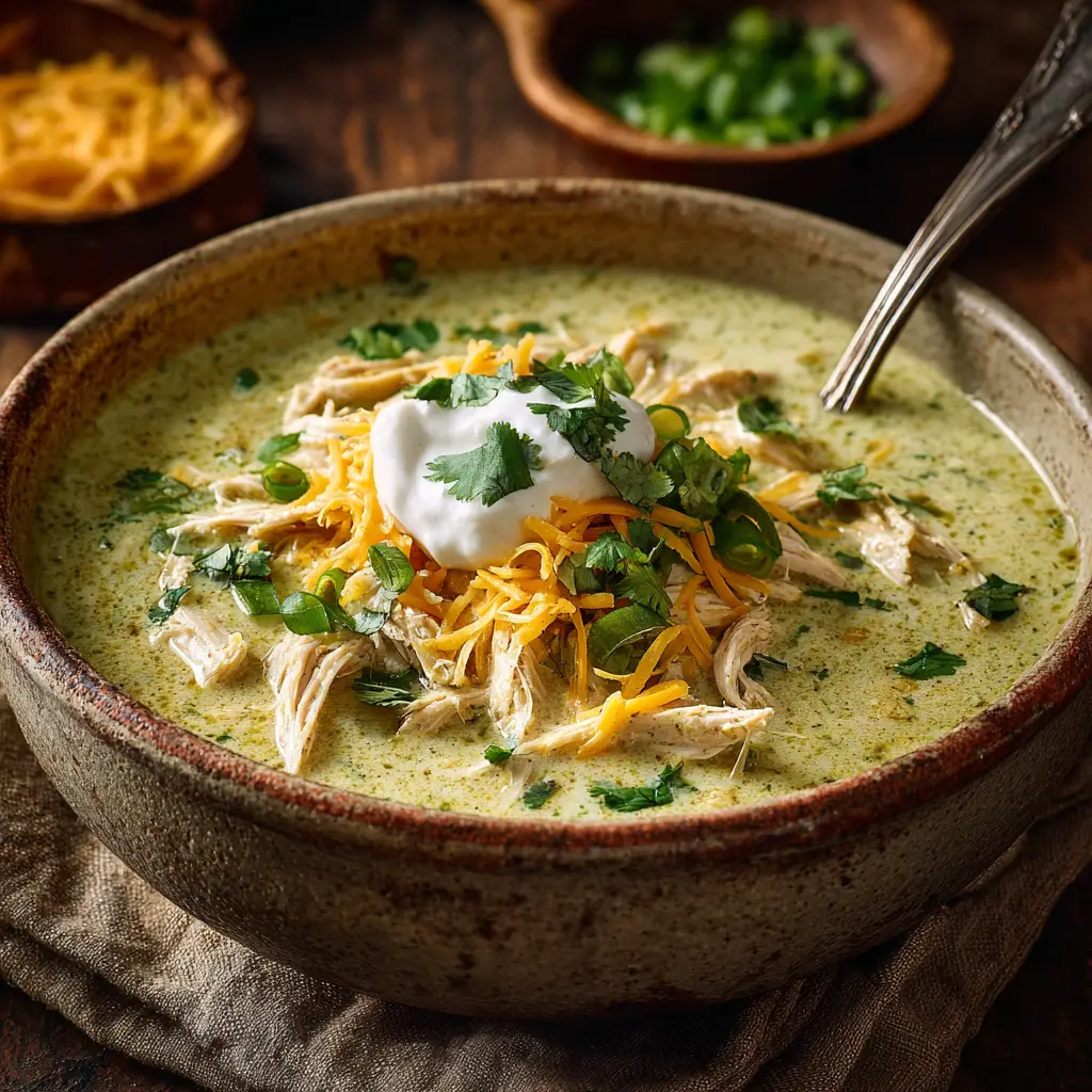 A rustic stoneware bowl filled with easy stovetop enchilada soup, ready to be served.
