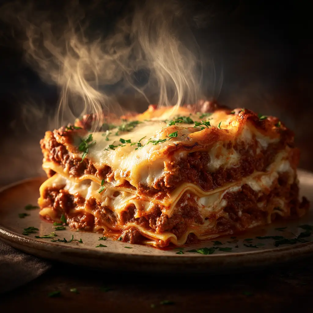 A close-up overhead view of the one-pan lasagna, garnished with fresh basil. The perfect easy weeknight lasagna.