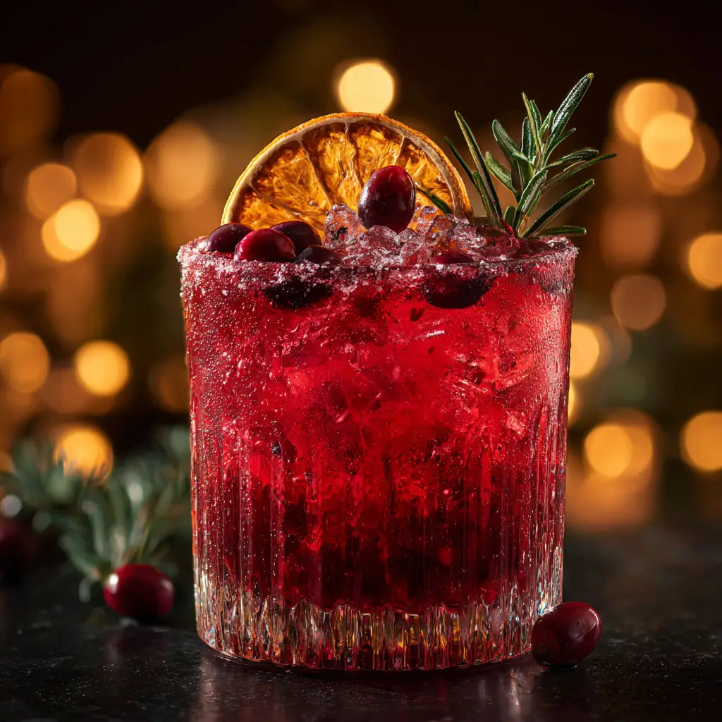 A closeup of a vibrant red cranberry gin fizz, a festive Christmas cocktail, in a coupe glass garnished with a fresh rosemary sprig and cranberries.