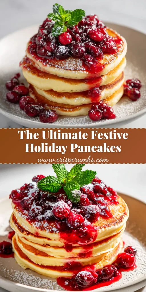 A tall, beautiful stack of fluffy pancakes for a festive pancake recipe, topped with powdered sugar, cranberries, and a sprig of rosemary.