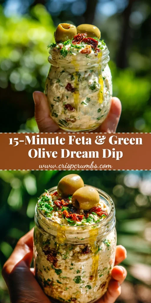 A delicious and easy Feta and Green Olive Dip in a white bowl, served with pita bread. This creamy, savory dip is the perfect 10-minute appetizer for any party.