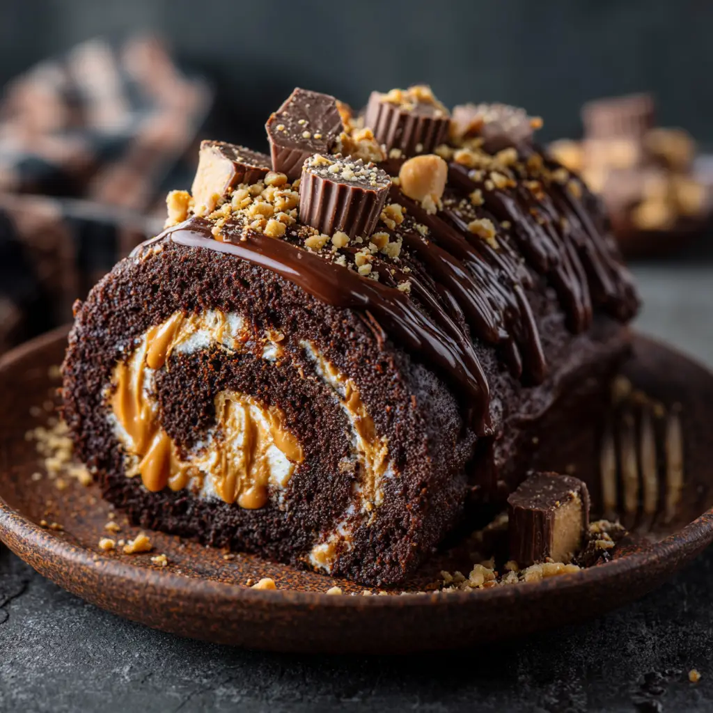 The finished Peanut Butter Cup Chocolate Roll, dusted with powdered sugar and ready to be sliced and served.