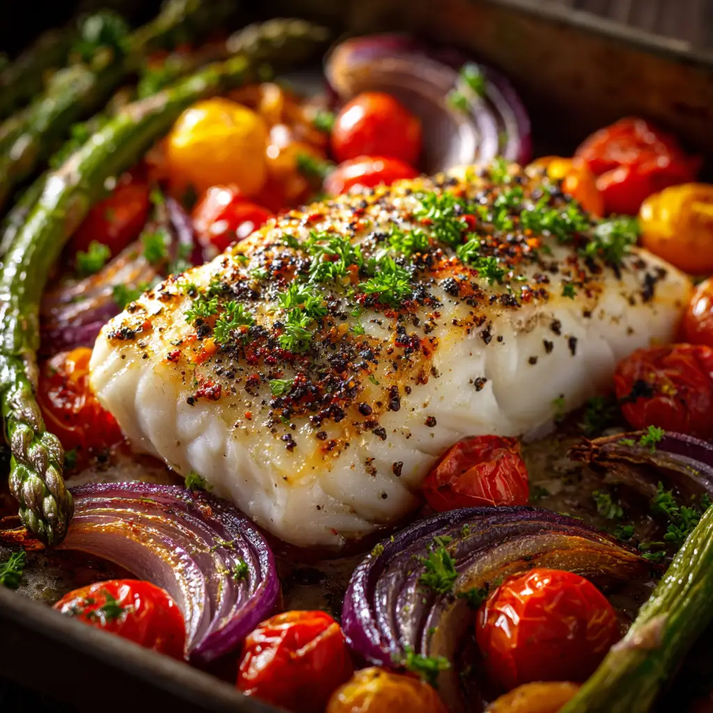 Close-up of a flaky pan-seared halibut fillet, demonstrating how to tell when the fish is perfectly cooked.