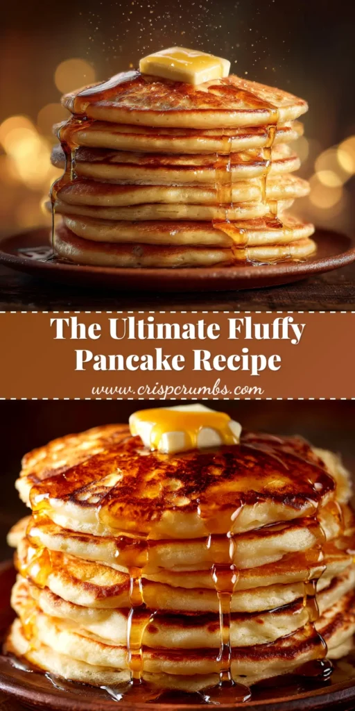 A tall, perfect stack of golden-brown pancakes from a fluffy pancake recipe, topped with a pat of melting butter and drizzled with maple syrup, against a clean, bright background.