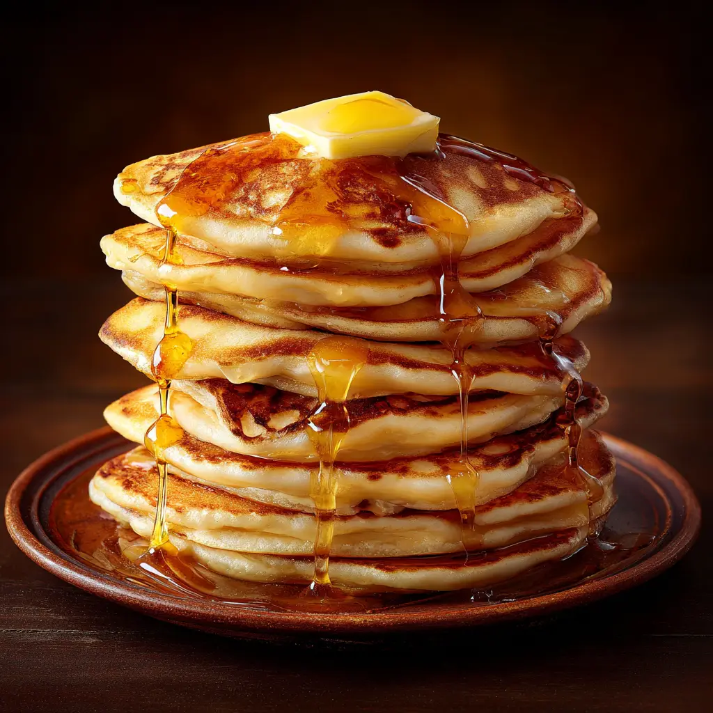 A close-up view of a fork cutting into a stack of fluffy pancakes, revealing the light and airy texture inside.