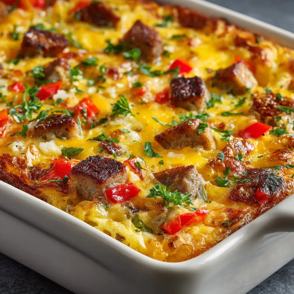 A slice of the freezer-friendly breakfast casserole on a plate, highlighting the layers of hashbrowns, egg, and sausage.