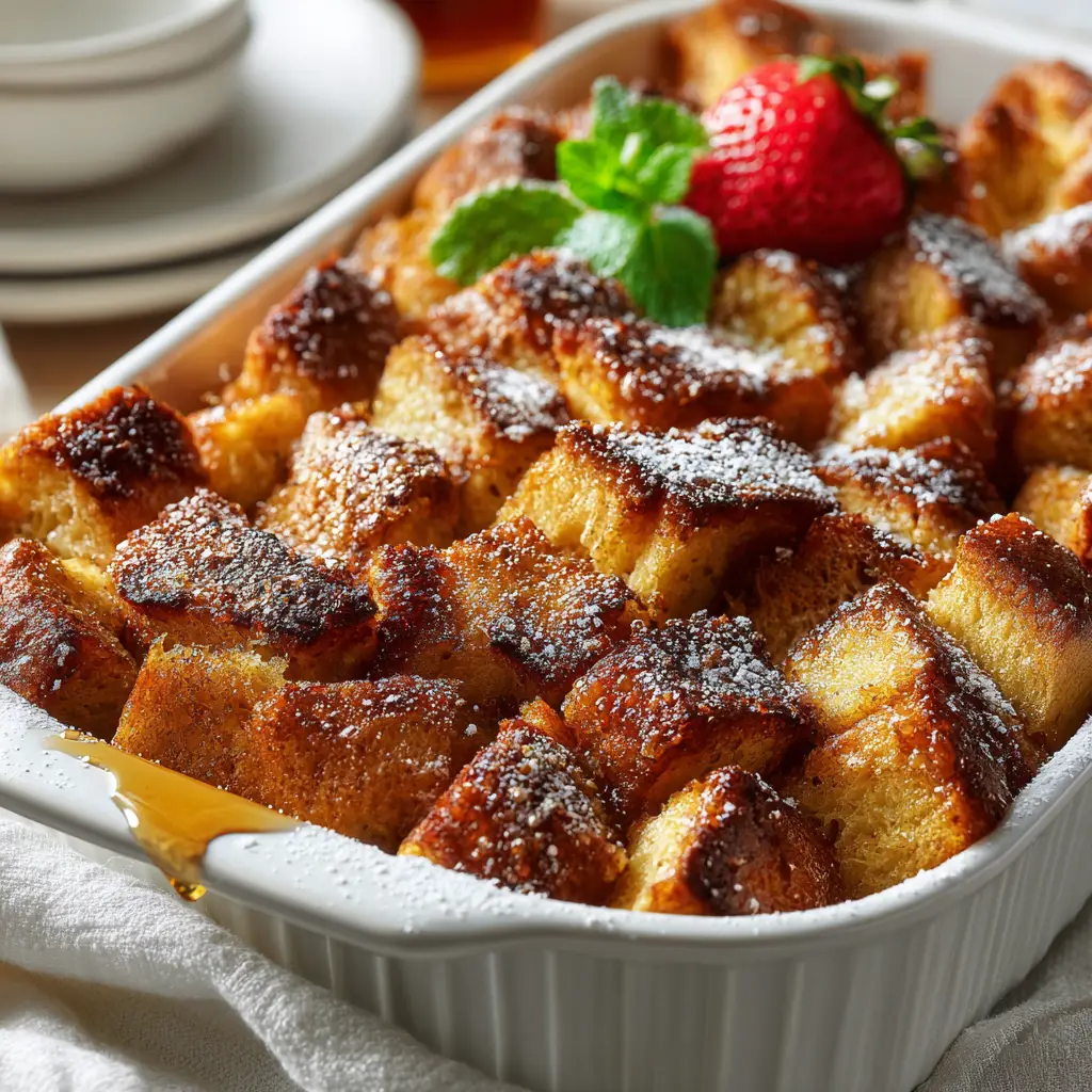 The French Toast Casserole being prepared, showing bread cubes soaking in the rich egg custard inside a 9x13 baking dish before going into the oven.