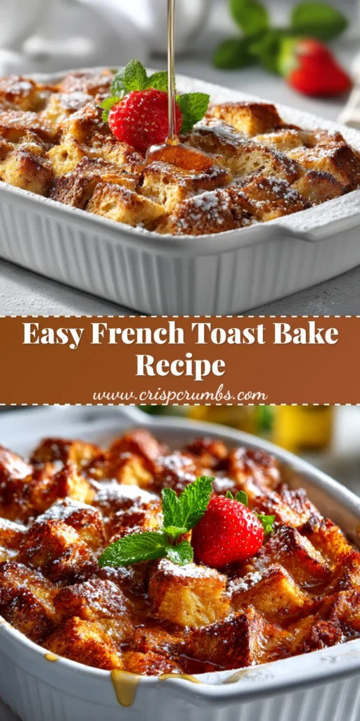 An overhead shot of a delicious French Toast Casserole in a white baking dish, topped with powdered sugar and fresh berries. The perfect make-ahead holiday breakfast.