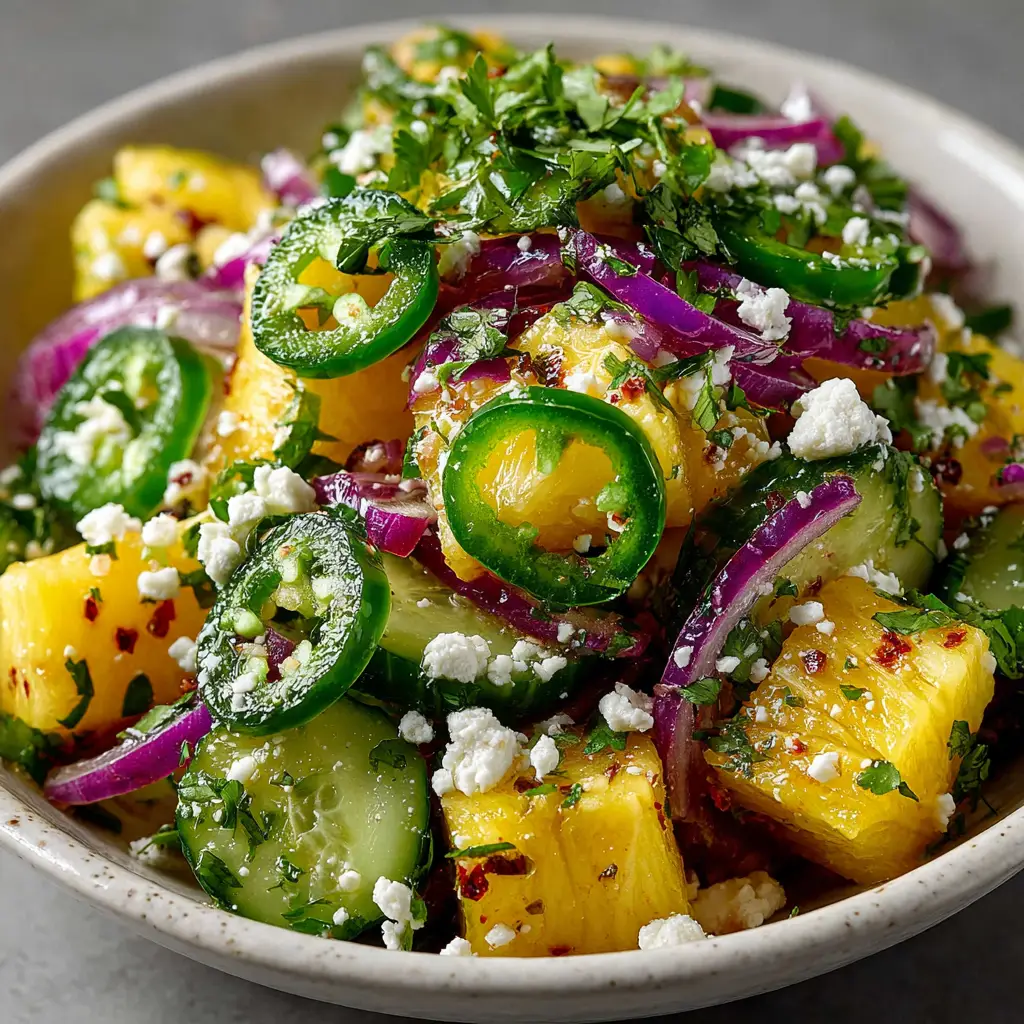 A close-up shot of the fresh pineapple and cucumber salad, showing the crisp texture of the ingredients and the light lime dressing.