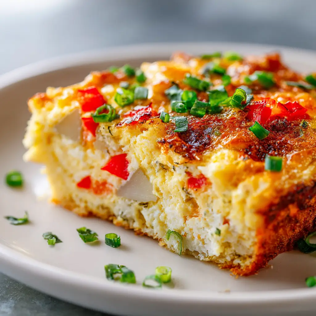 The full 9x13 dish of the baked potato breakfast casserole, fresh out of the oven with a bubbly, golden-brown cheese topping.