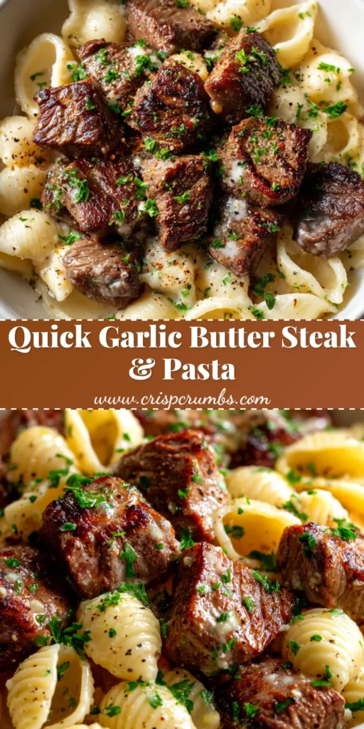 A top-down view of garlic butter steak bites in a cast iron skillet, garnished with fresh parsley.