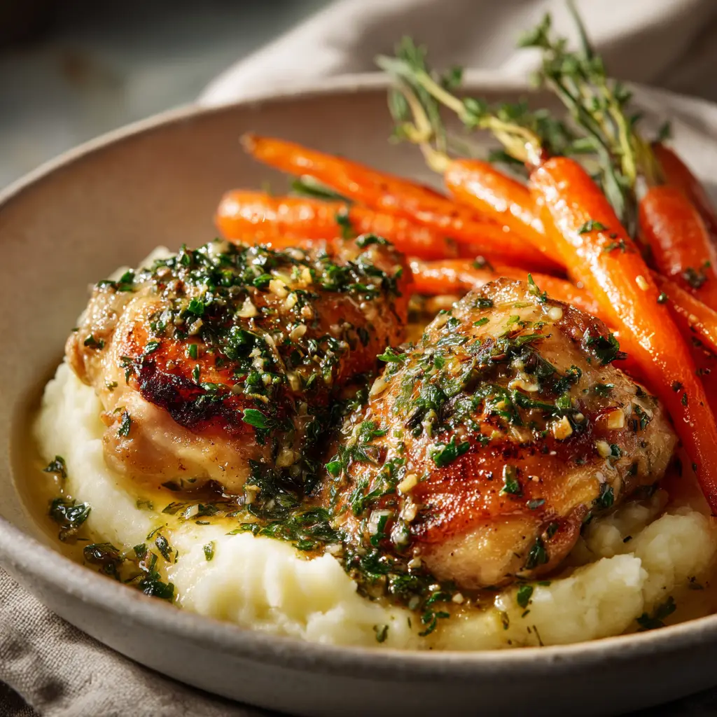 A cast-iron skillet with pan-seared garlic herb chicken breasts simmering in a bubbling butter, garlic, and herb sauce.