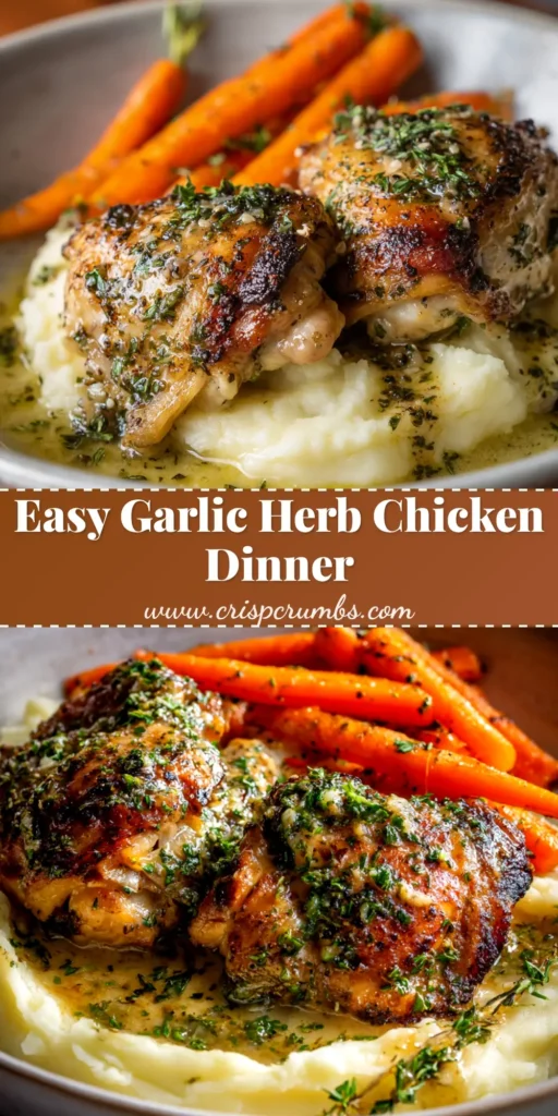 A stunning overhead shot of Garlic Herb Chicken in a cast-iron skillet, garnished with fresh herbs. The chicken is golden-brown and glistening with butter sauce.