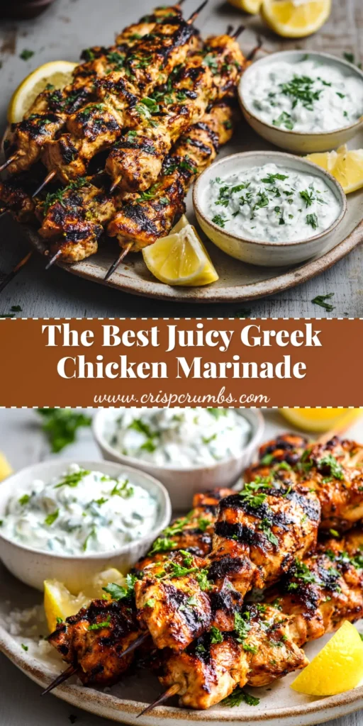 An overhead shot of raw chicken pieces marinating in a glass bowl with a vibrant Greek chicken marinade made of olive oil, lemon, and herbs.
